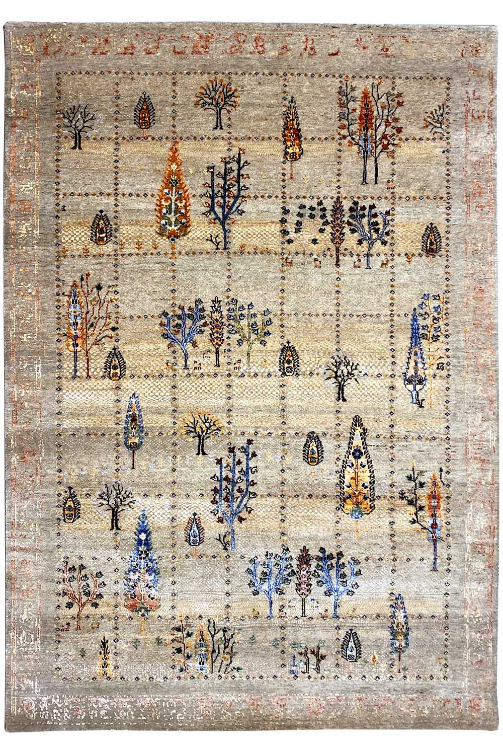 Gabbeh-style oriental rug, beige with blue and orange ornaments