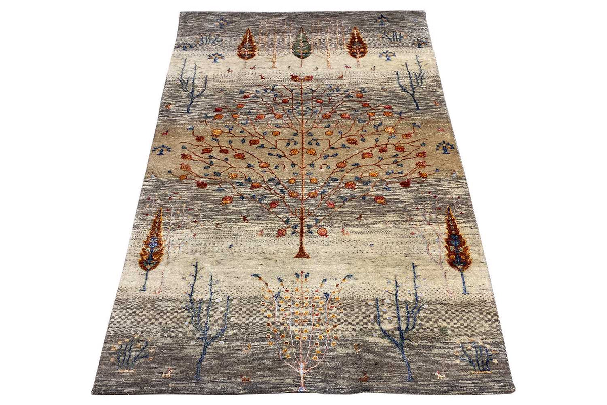 Gabbeh Lori rug 157x104 cm, rectangular, gray field with branching patterns.