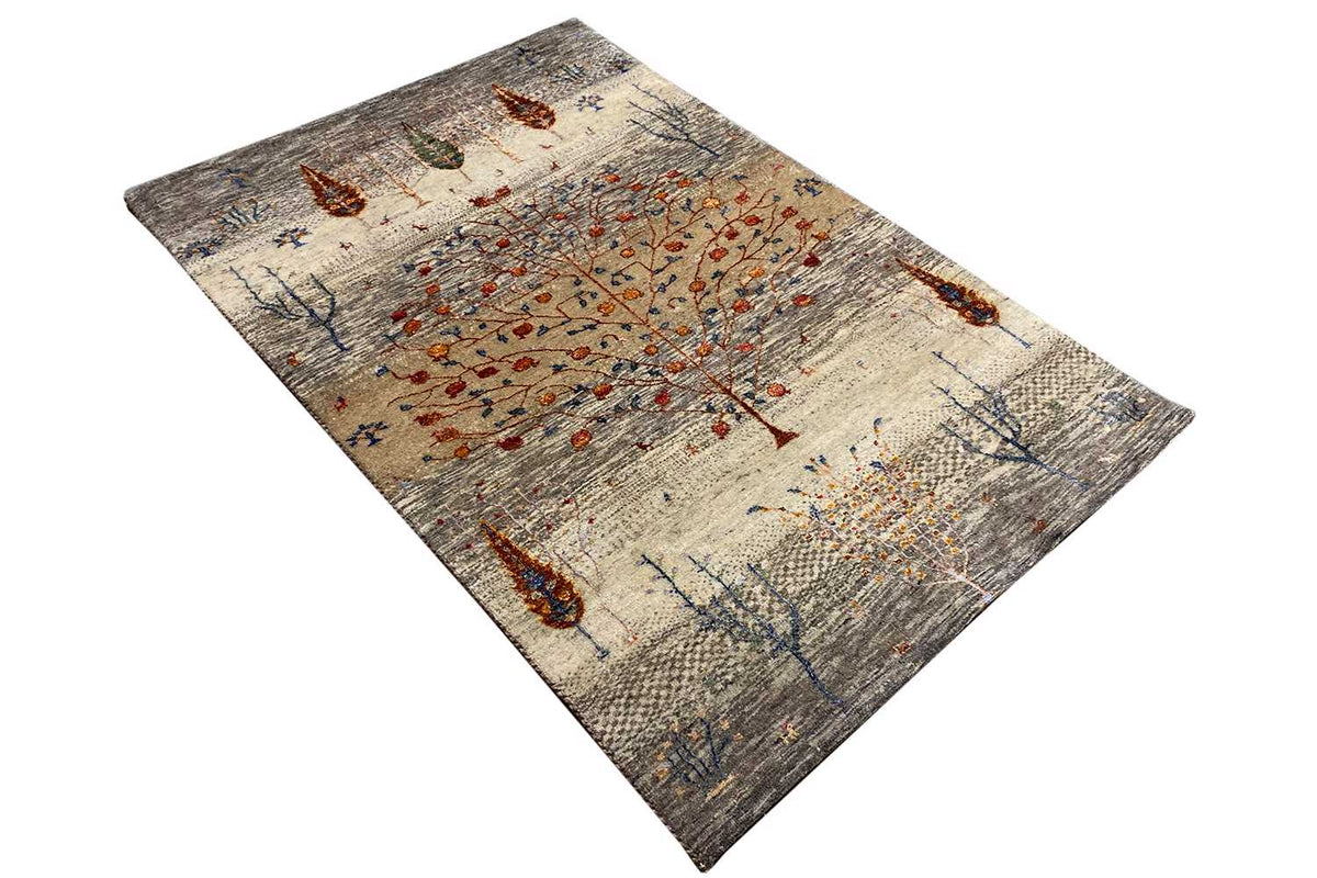 Gabbeh Lori rug with a diagonal view: gray pattern with blue-orange accents.
