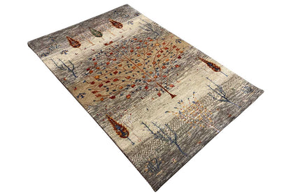 Gabbeh Lori rug with a diagonal view: gray pattern with blue-orange accents.