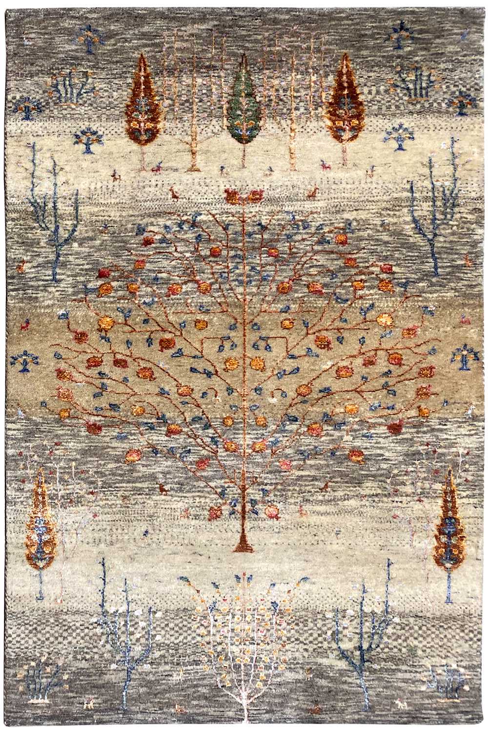 Gabbeh Lori rug 157x104 cm: gray tree and floral pattern.