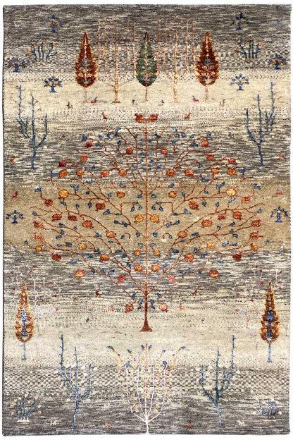 Gabbeh Lori rug 157x104 cm: gray tree and floral pattern.