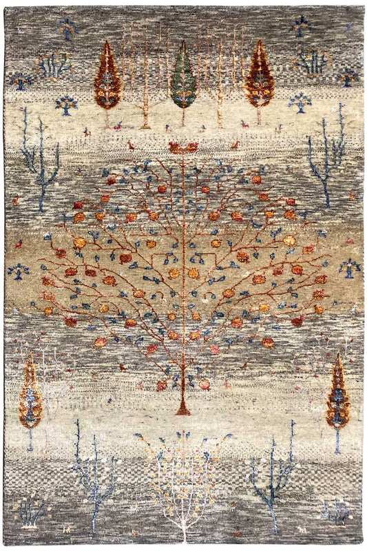 Gabbeh Lori rug 157x104 cm: gray tree and floral pattern.