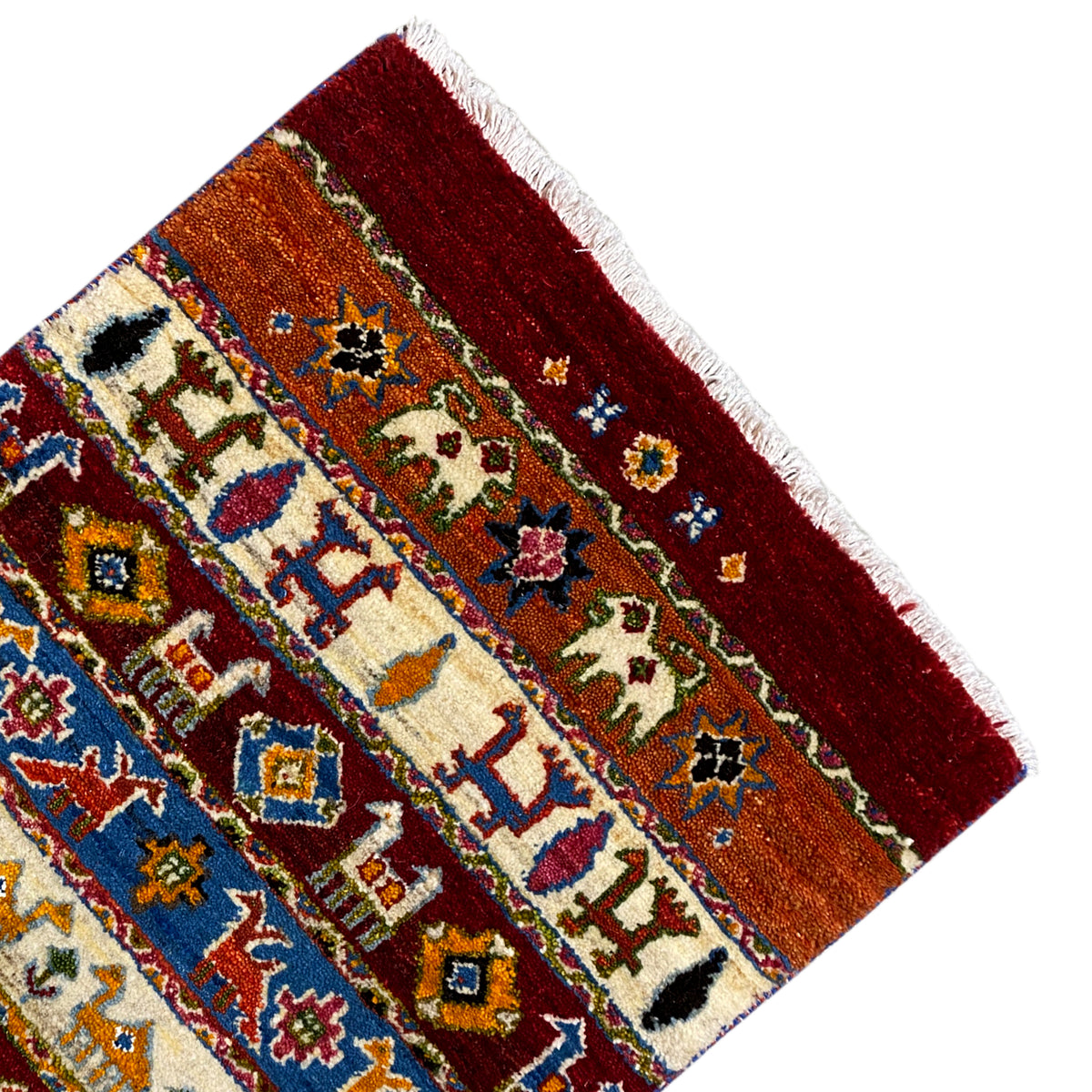 Gabbeh Lori rug with a burgundy longitudinal zone, multicolored fields, and white fringes