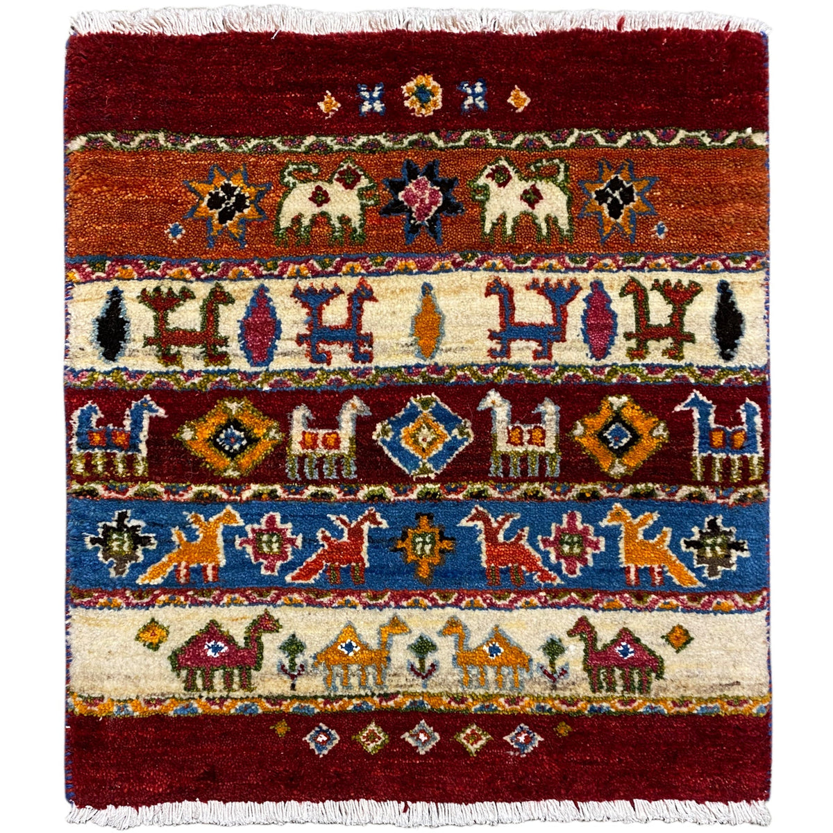 Gabbeh-Lori rug, symmetrical border pattern in burgundy, blue and cream, fringes