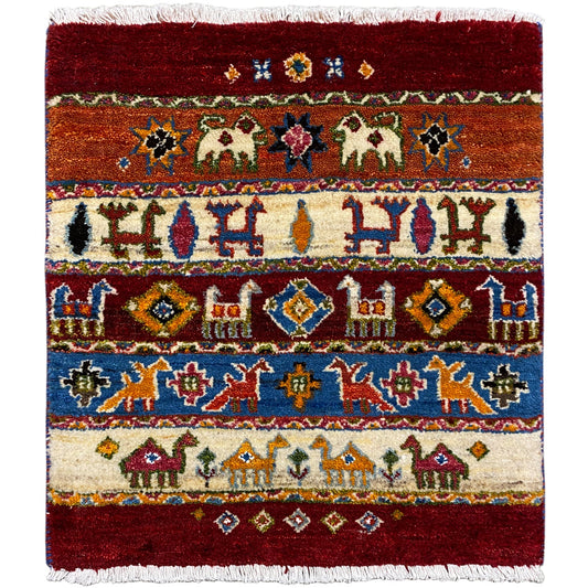 Gabbeh-Lori rug, symmetrical border pattern in burgundy, blue and cream, fringes