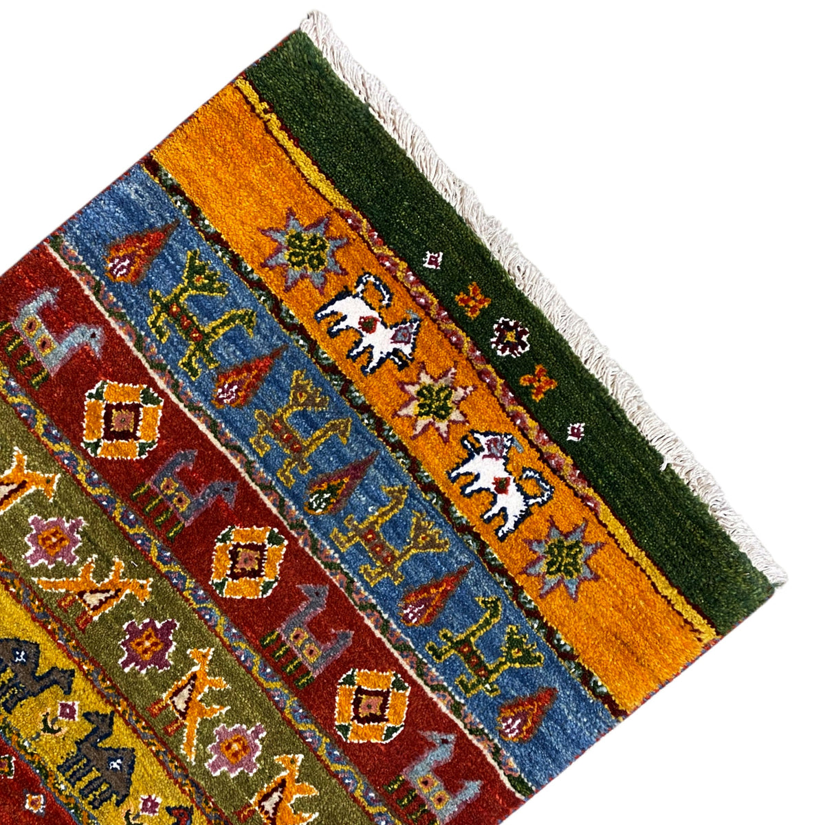 Gabbeh rug in green and orange with geometric patterns, fringes visible