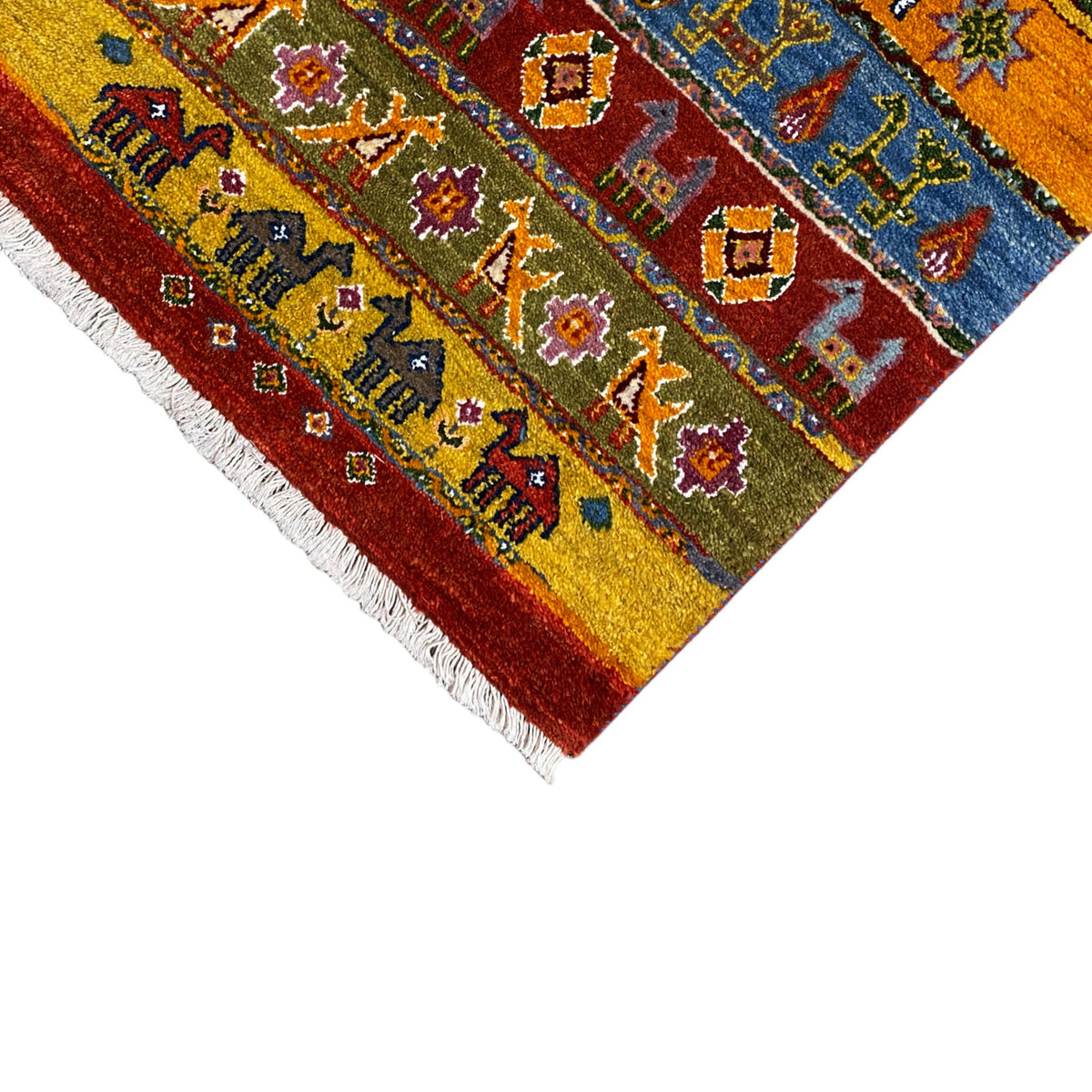 Gabbeh rug with border and ornaments, shades of red and blue, fringes along the edge