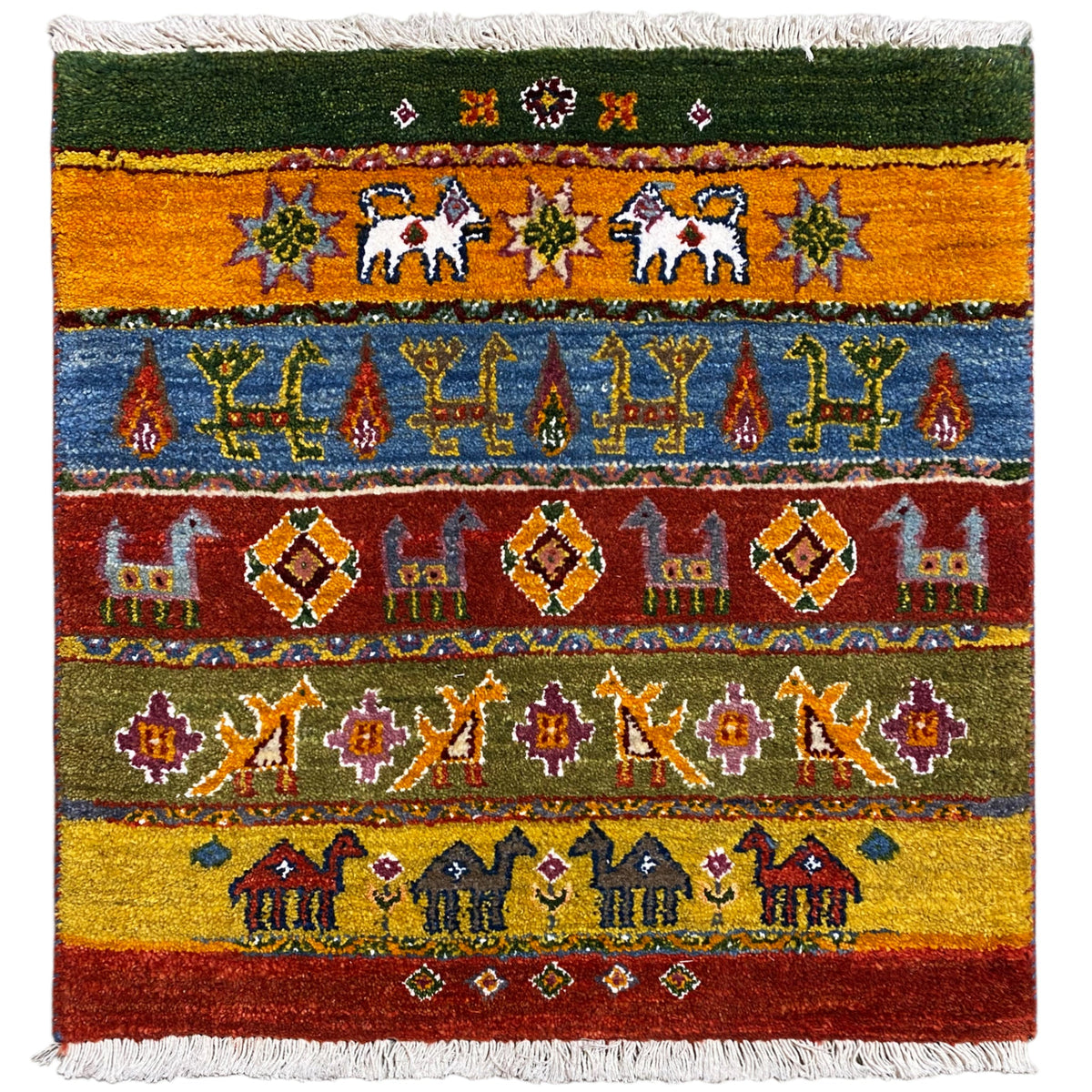 Rectangular Gabbeh rug with striped patterns and fringes on all sides