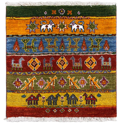 Rectangular Gabbeh rug with striped patterns and fringes on all sides