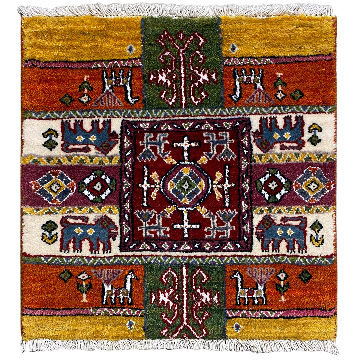 Colorful Gabbeh rug with medallion and fringes, 58x57 cm