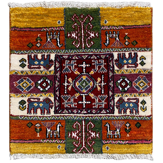 Colorful Gabbeh rug with medallion and fringes, 58x57 cm