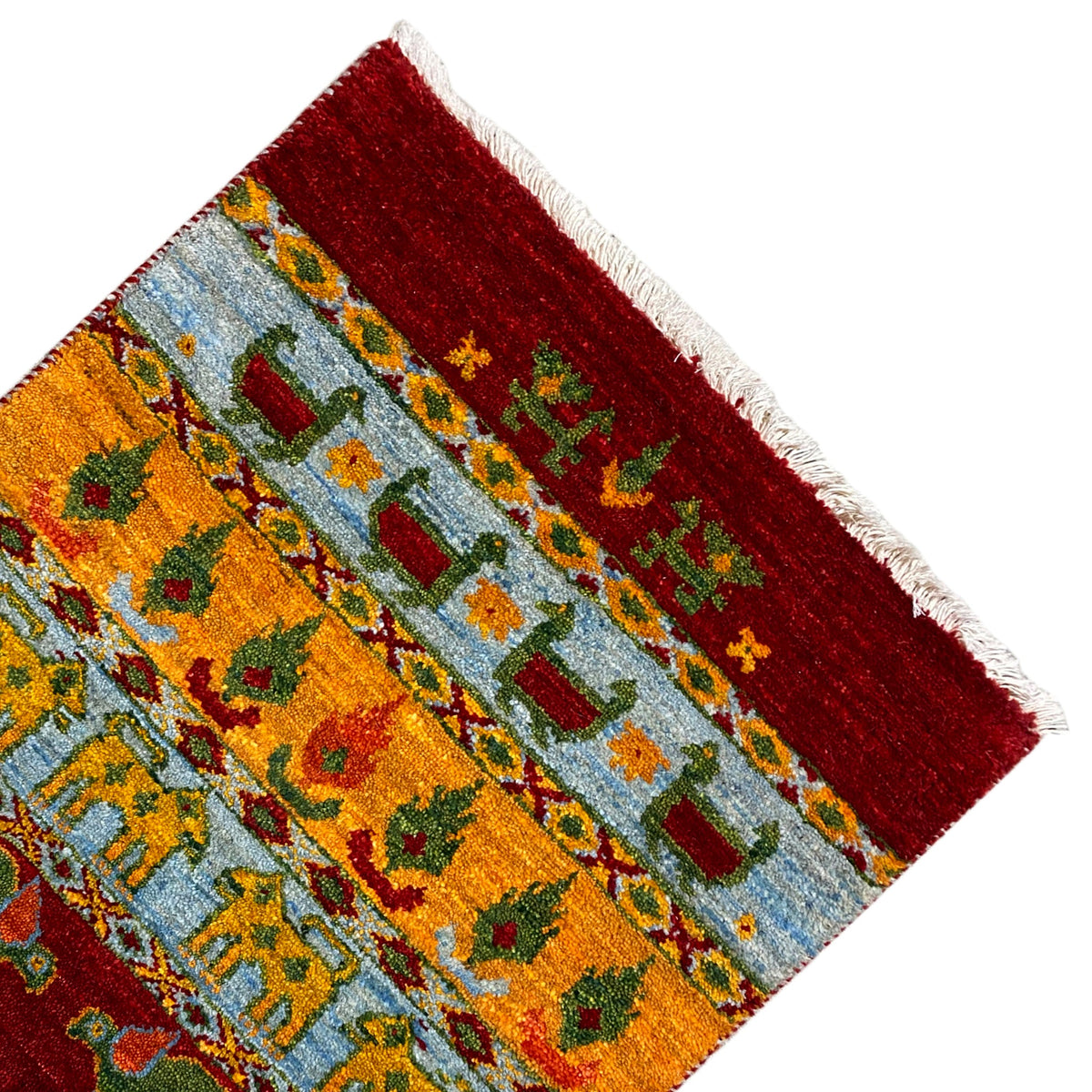 Gabbeh Lori rug 61x58 cm diagonal: red border, blue-and-yellow patterned fields, white fringes