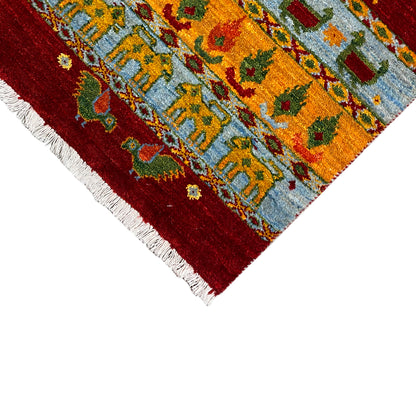 Gabbeh Lori rug 61x58 cm corner: detailed pattern in blue, red and orange, fringes