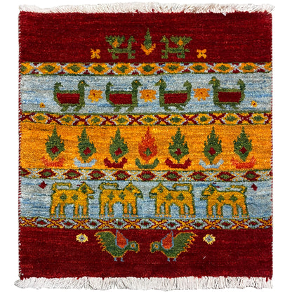 Gabbeh Lori carpet 61x58 cm front view: decorative border pattern, fringes, red-blue-yellow