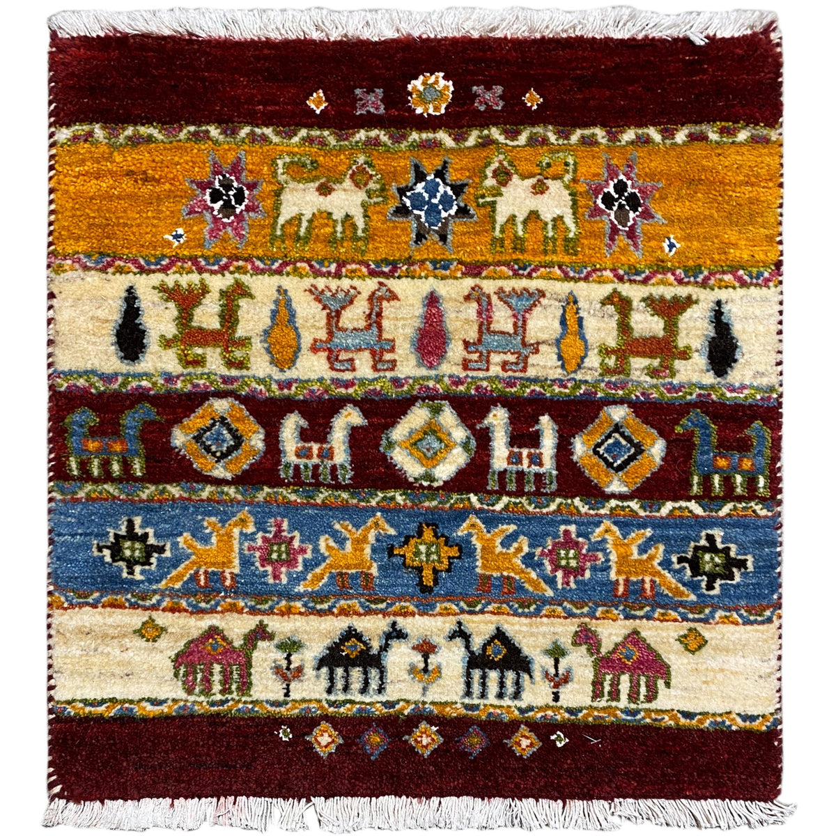 Gabbeh rug 63x58 cm with geometric pattern and fringes, reddish brown & blue.