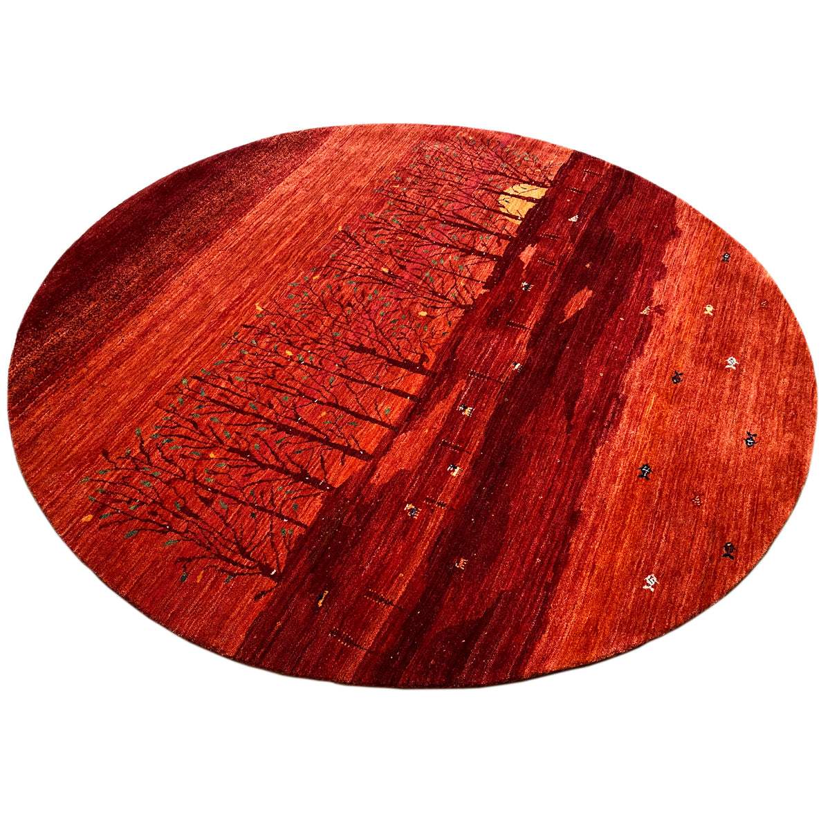 Rug with a red stripe and tree motif, diagonal image area, round