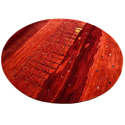 Rug with a red stripe and tree motif, diagonal image area, round