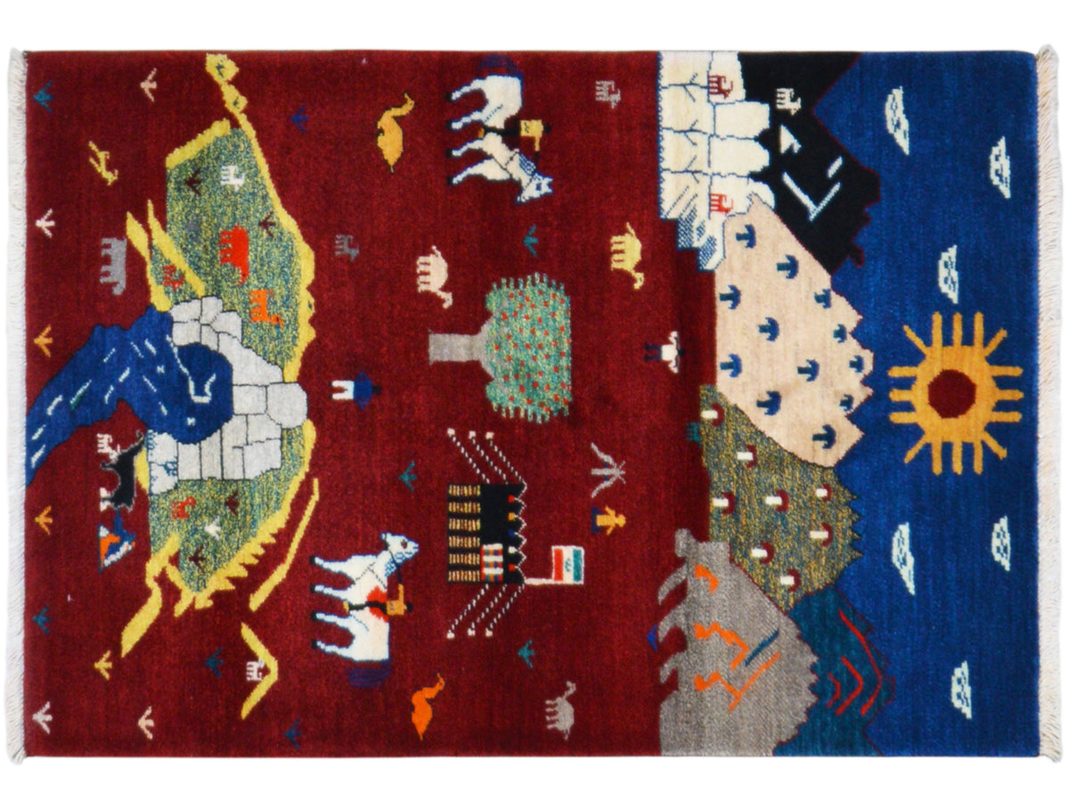 Gabbeh Luri rug with a red and blue pattern, sun, animals, and ornaments