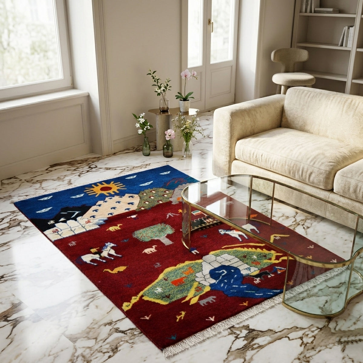 Gabbeh Luri rug, red pattern with figures, horses, and sun, fringes