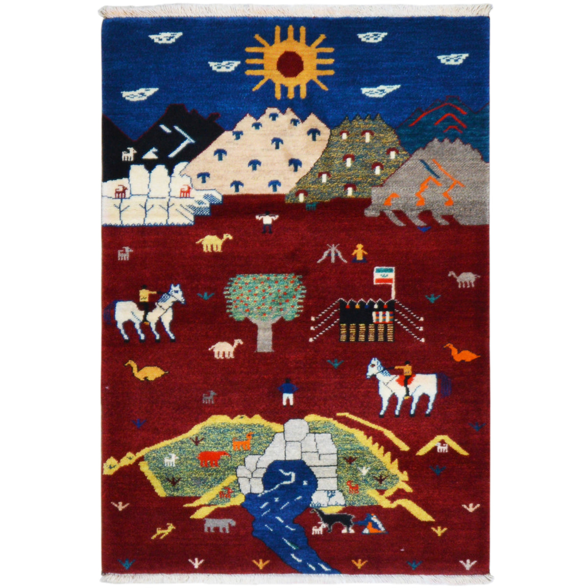Gabbeh Luri rug with red background, animal and landscape motif, border, fringes