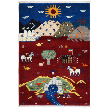 Gabbeh Luri rug with red background, animal and landscape motif, border, fringes