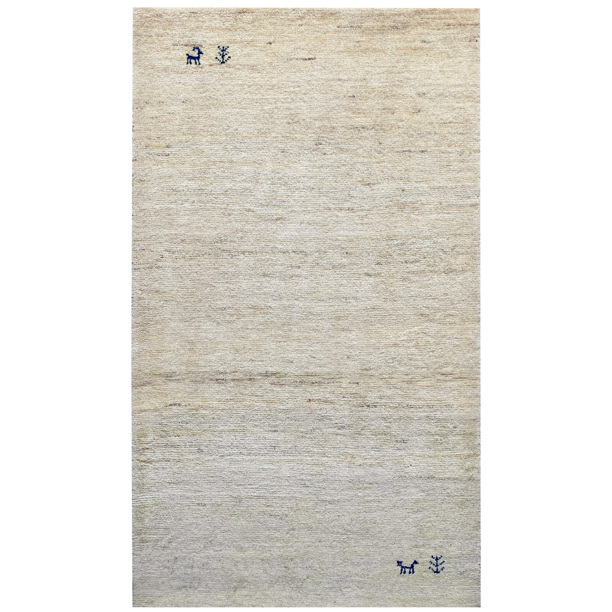 Rectangular Gabbeh rug with a light beige background and small dark blue animal motifs