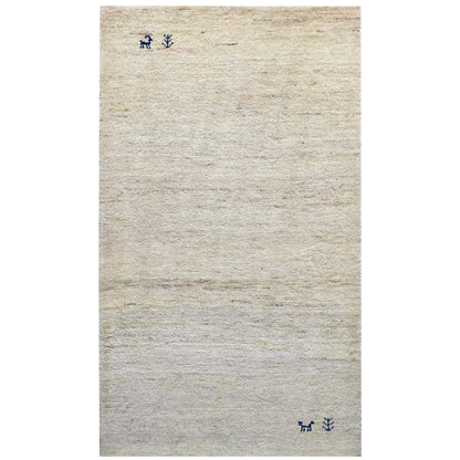 Rectangular Gabbeh rug with a light beige background and small dark blue animal motifs