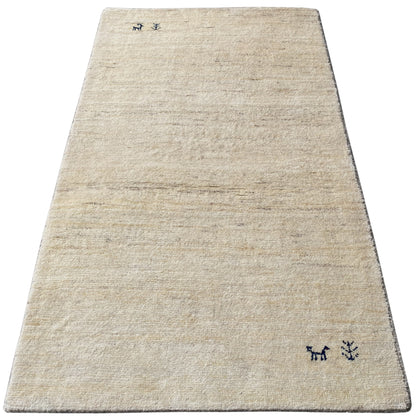 Gabbeh rug (132x70 cm), fully covered, with a light beige pile featuring subtle textures and motifs