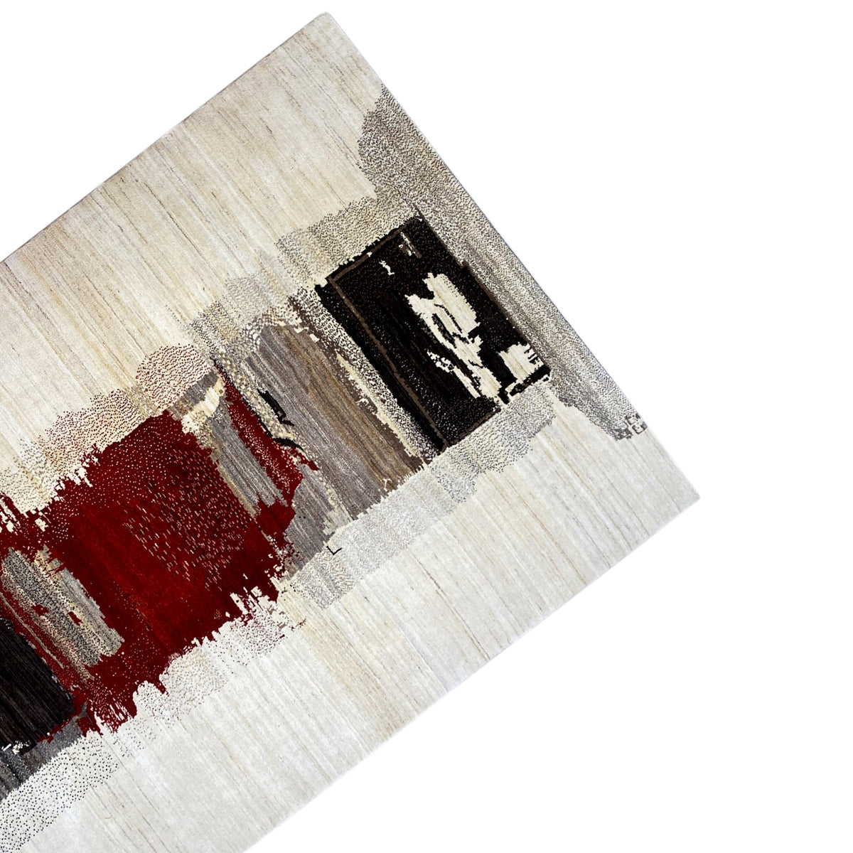 Corner view of the Gabbeh rug with an abstract square in black and red on a light background