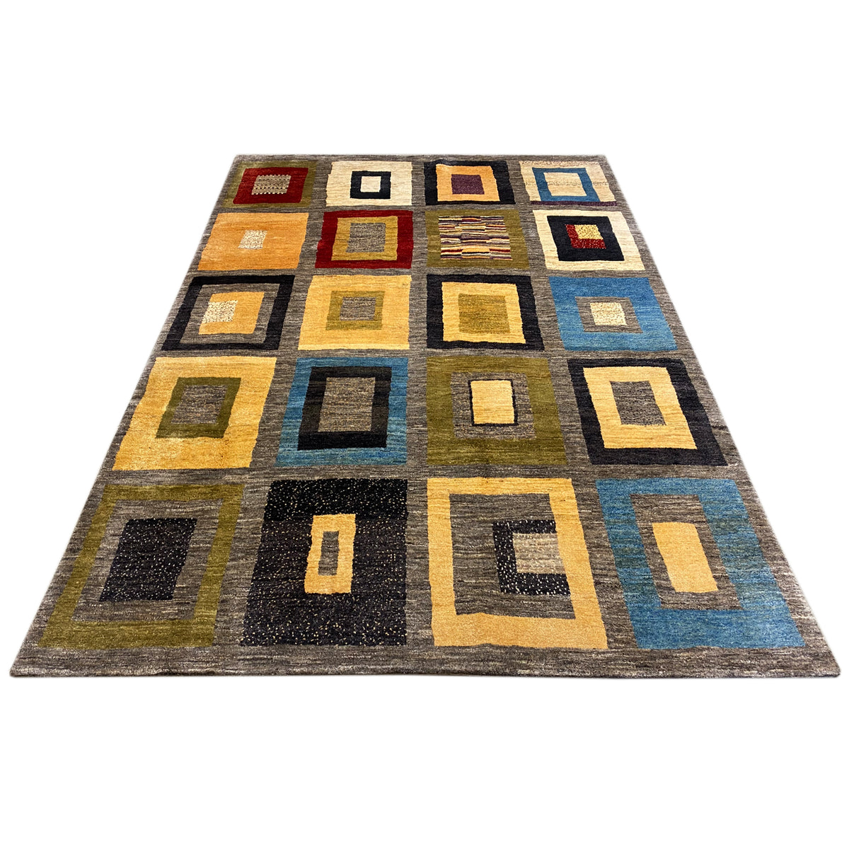 Rug with a multicolored square-based rectangular pattern on a gray background