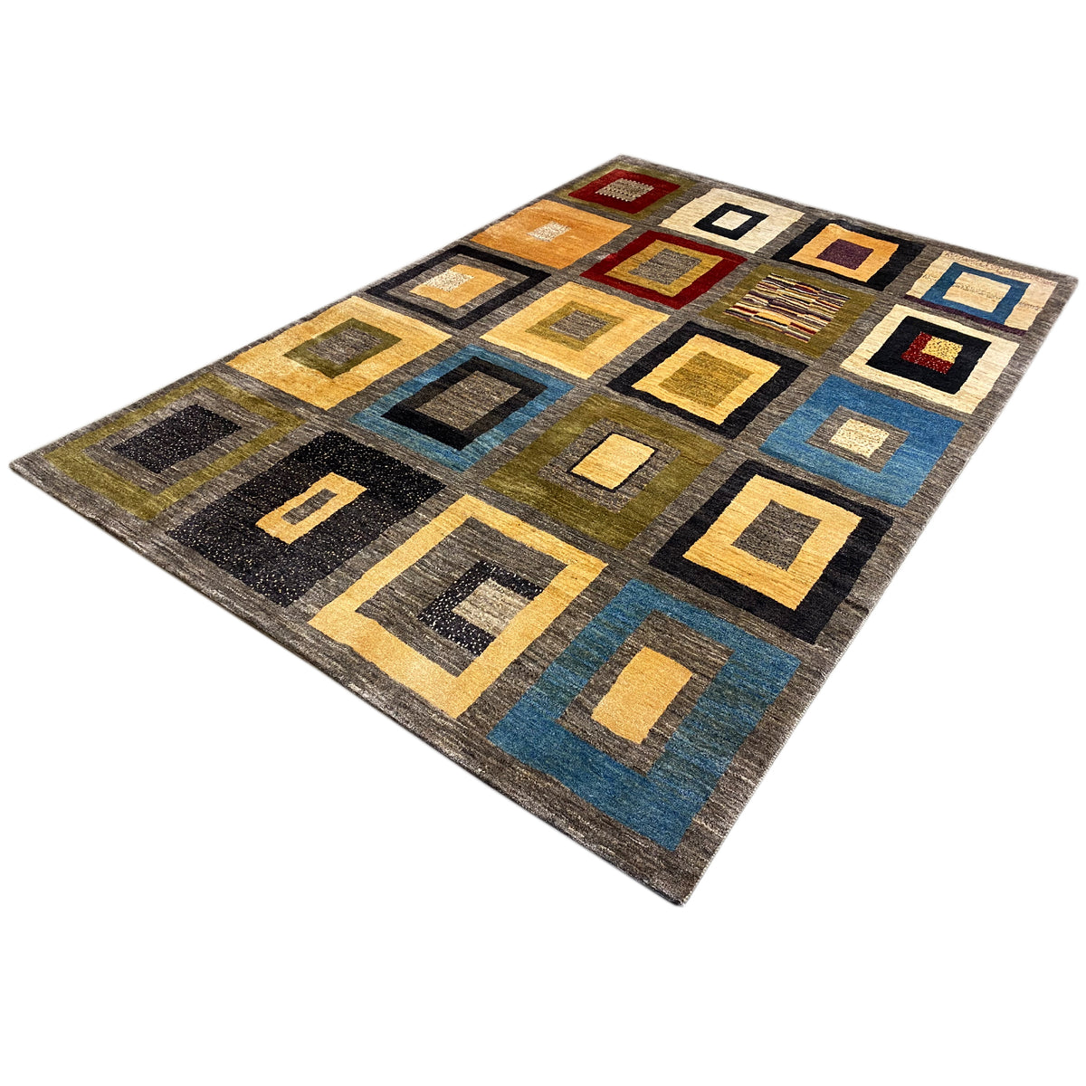 Rug with geometric squares, yellow-brown, blue, and dark contrasts