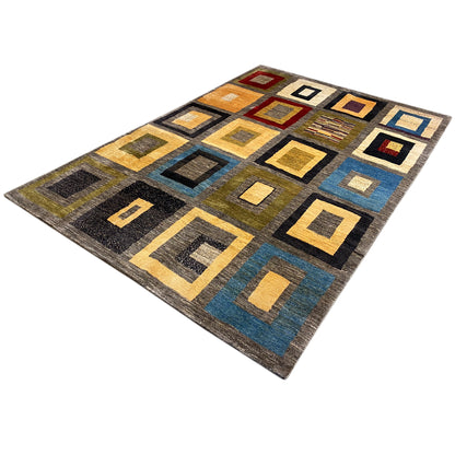 Rug with geometric squares, yellow-brown, blue, and dark contrasts