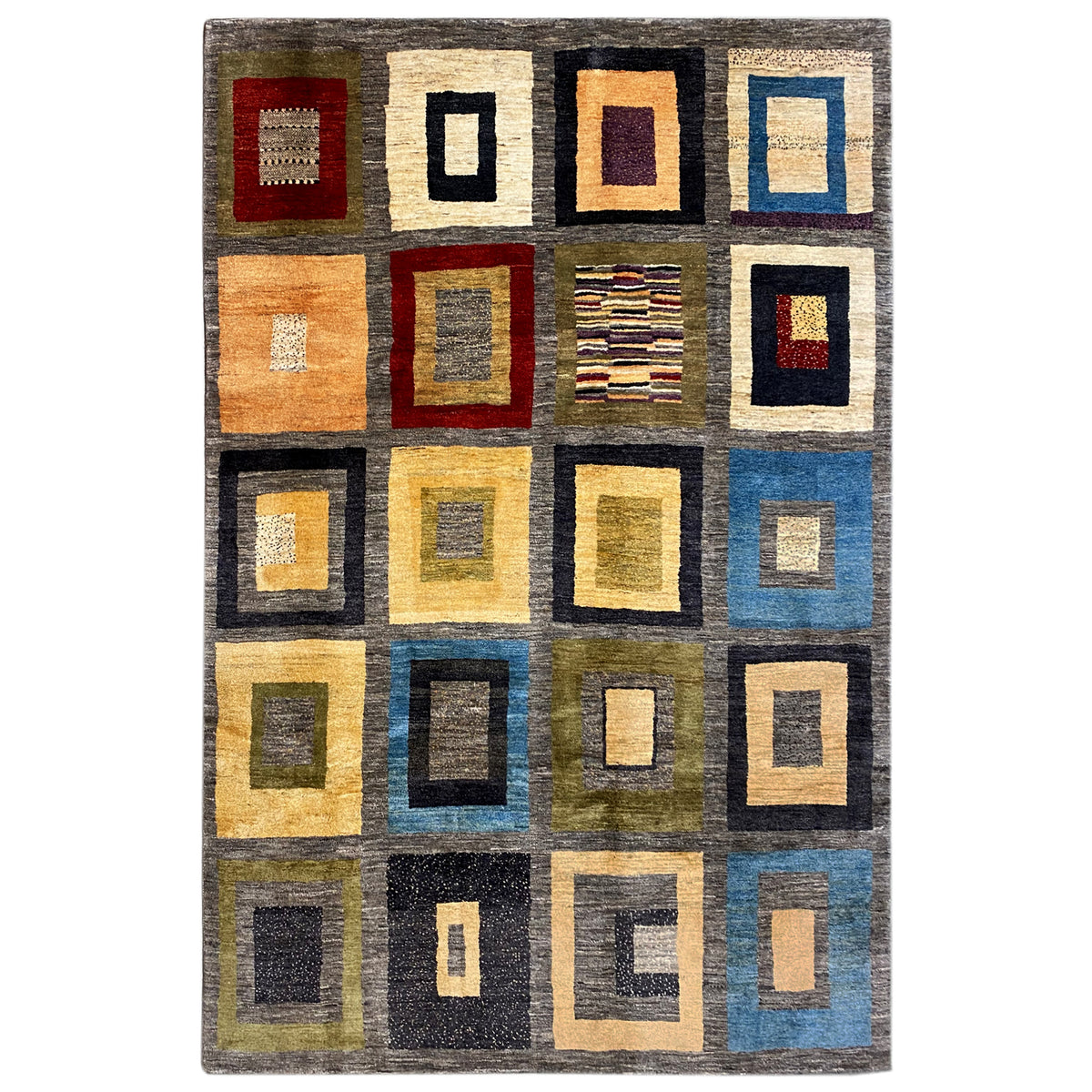 Rug with a geometric square pattern, gray with yellow, blue, and red accents