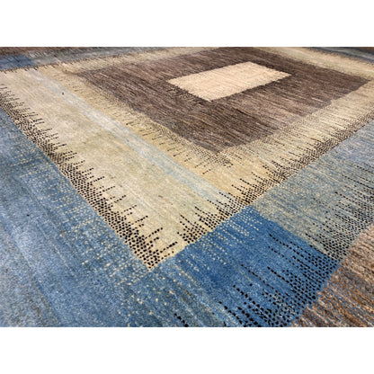 Close-up: Gabbeh rug with a blue field, dot-and-line pattern