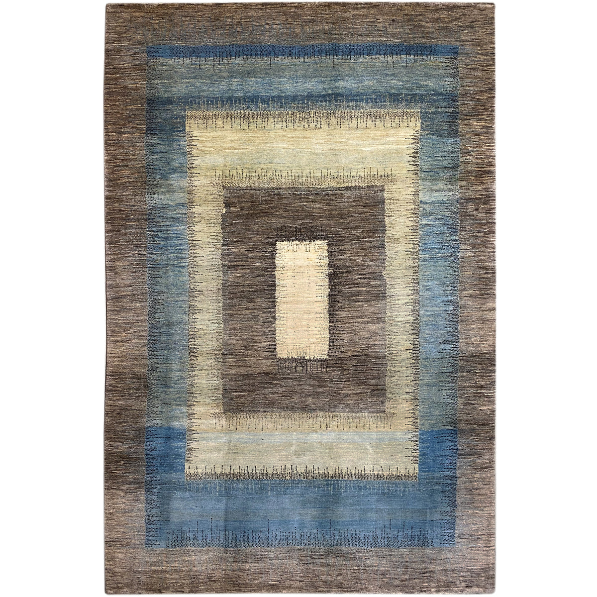 Gabbeh rug with a geometric pattern in brown, blue, and beige