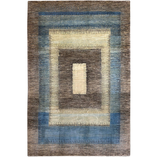 Gabbeh rug with a geometric pattern in brown, blue, and beige
