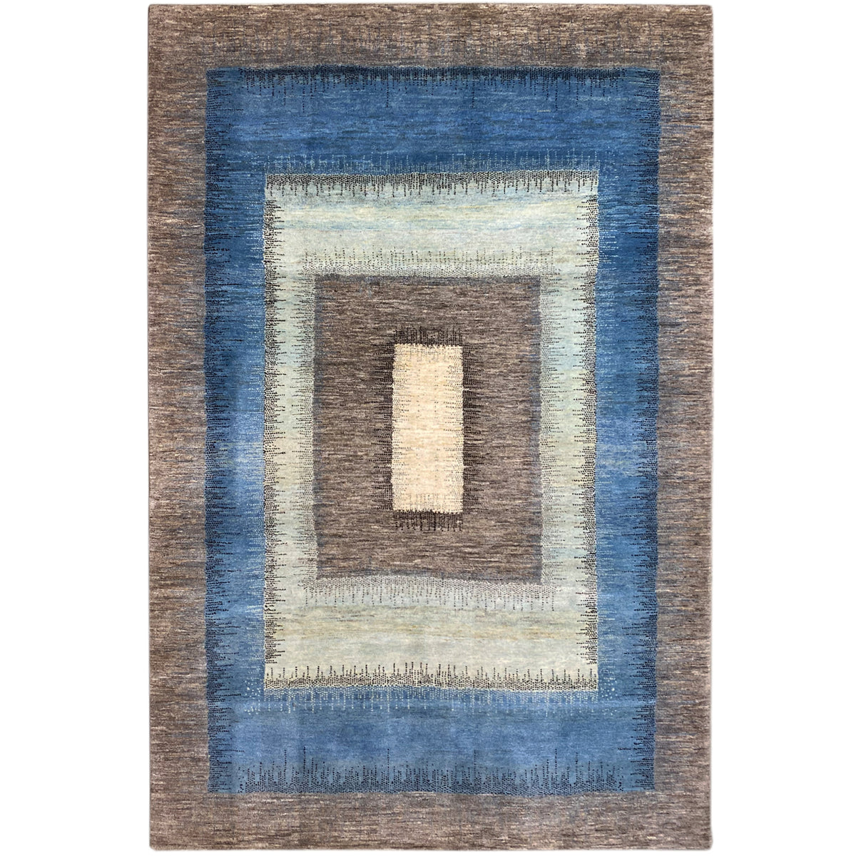 Gabbeh rug with a geometric pattern, blue-brown border, and cream-colored central relief