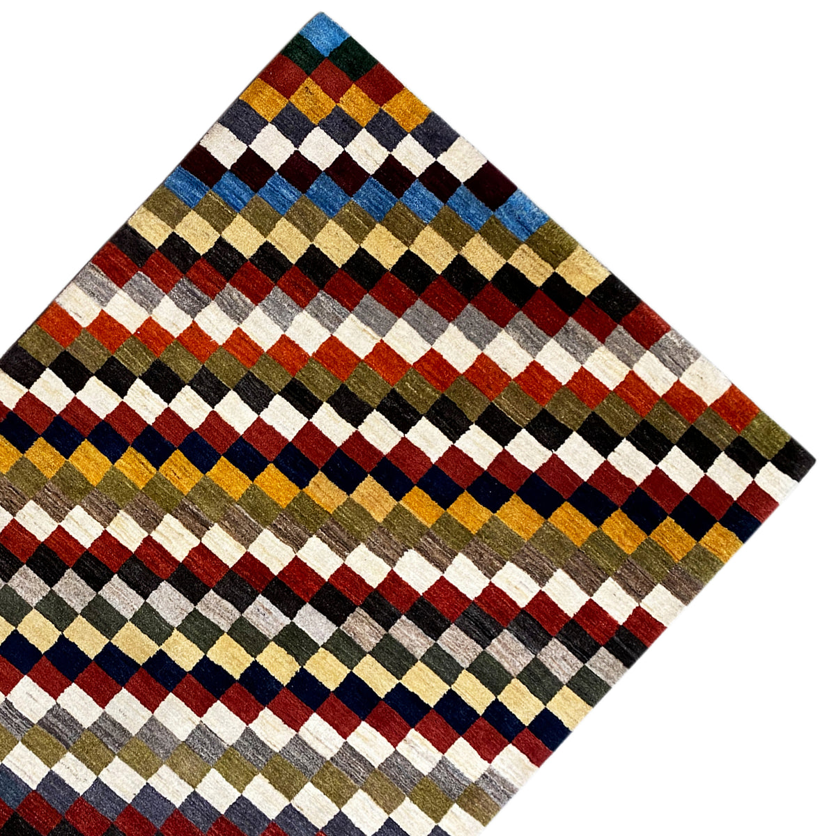 Gabbeh rug, angled section, diamond and checkered pattern in blue, red, and cream.