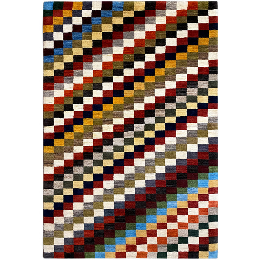 Gabbeh rug, rectangular, multicolored checked pattern, fringes along the edges.