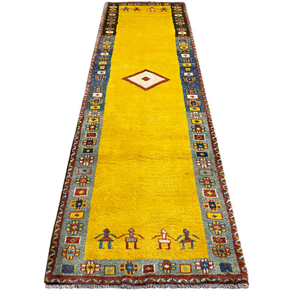 Gabbeh runner, yellow central area with a diamond and rows of colorful field patterns