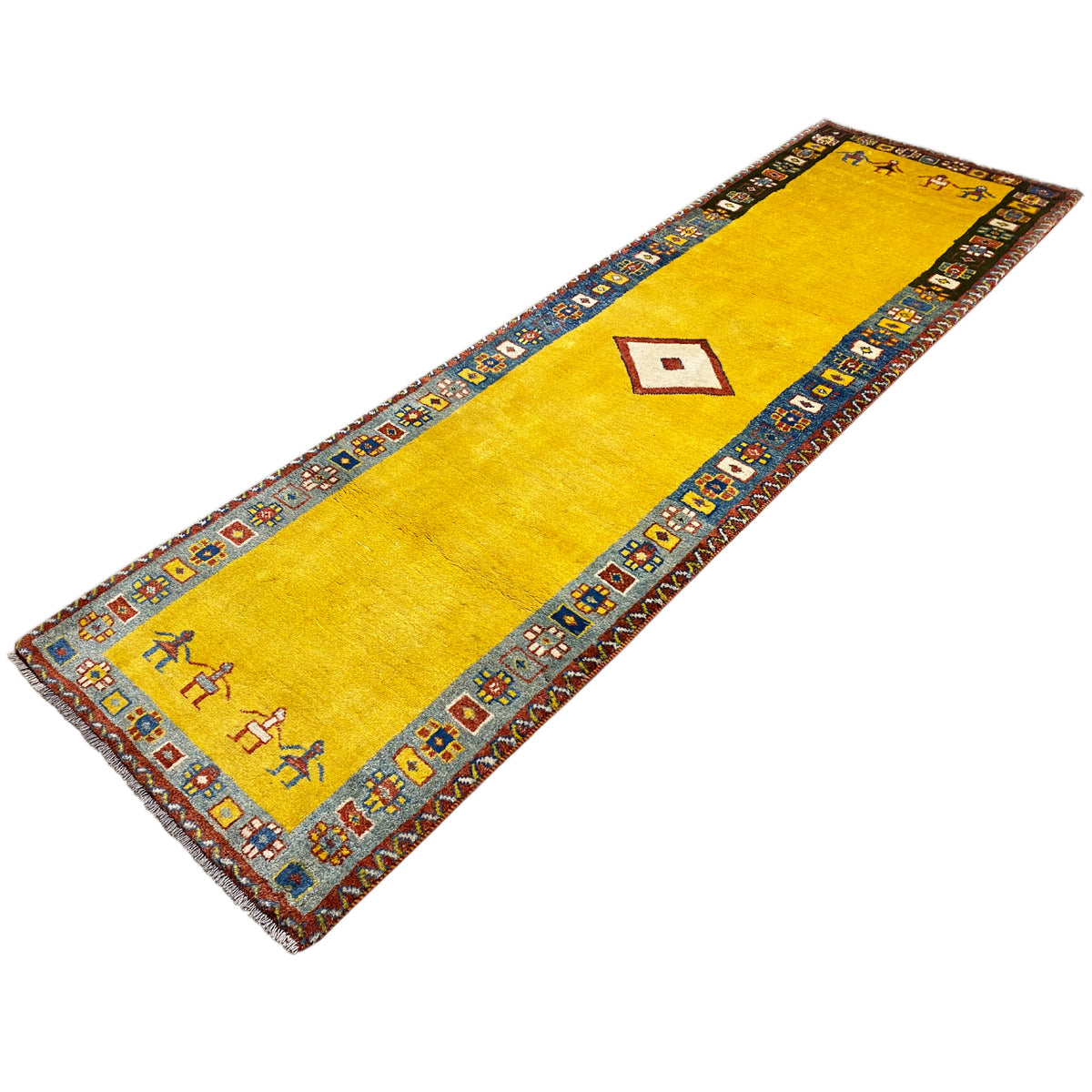 Gabbeh runner, yellow with decorative border, diamond medallion, and small figures
