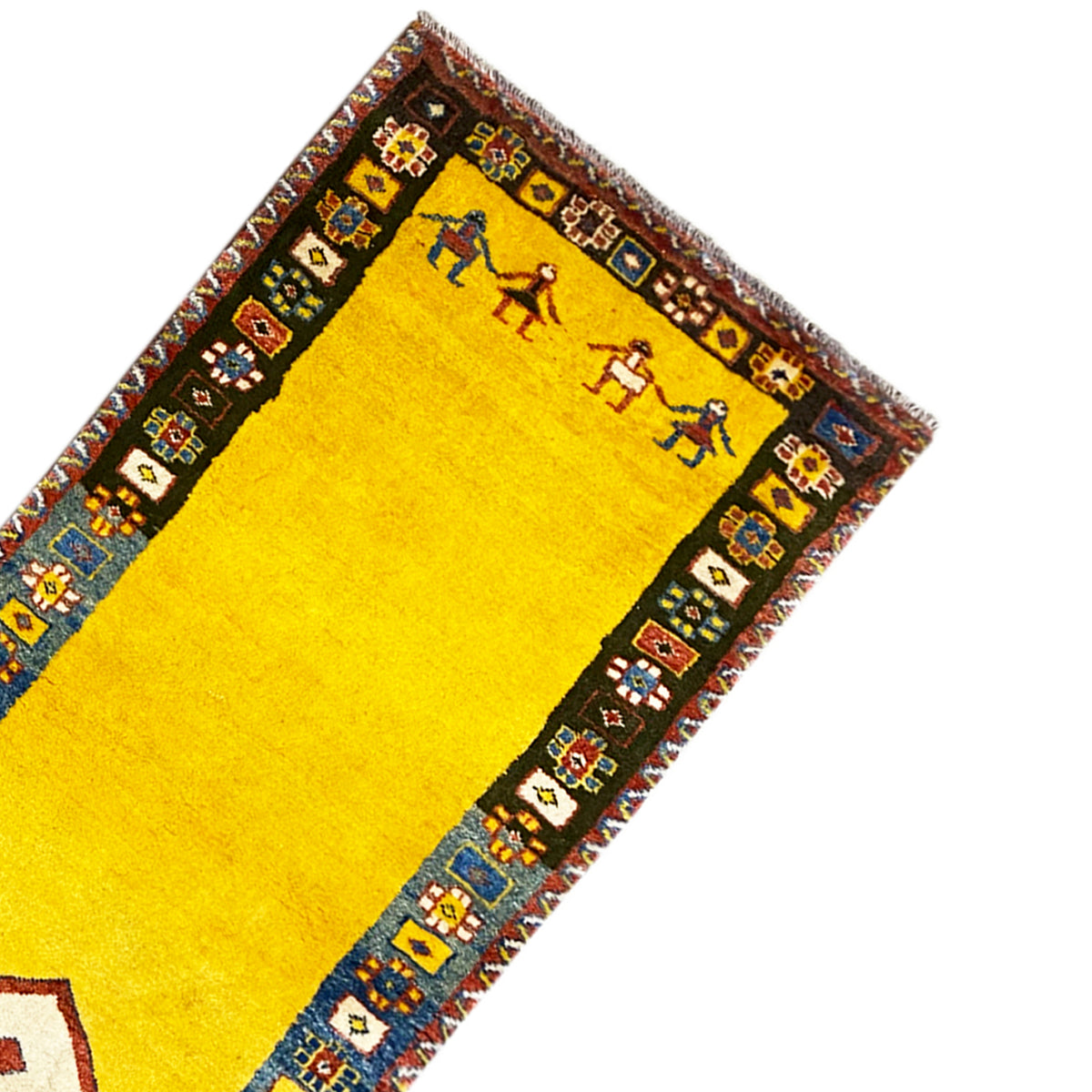 Gabbeh runner viewed from above at an angle, yellow field with a dark border and a row of figures