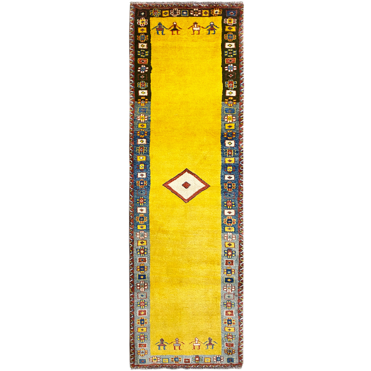 Yellow Gabbeh runner with a wide decorative border and geometric motifs