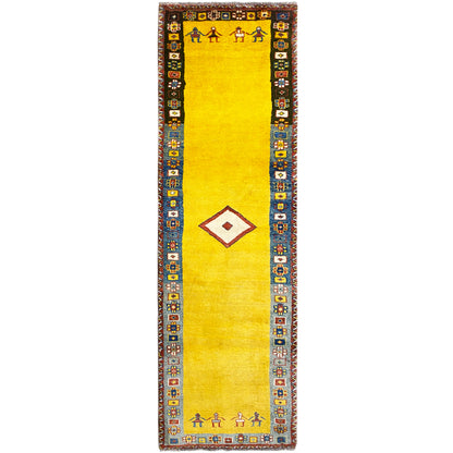 Yellow Gabbeh runner with a wide decorative border and geometric motifs