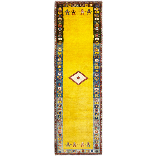 Yellow Gabbeh runner with a wide decorative border and geometric motifs