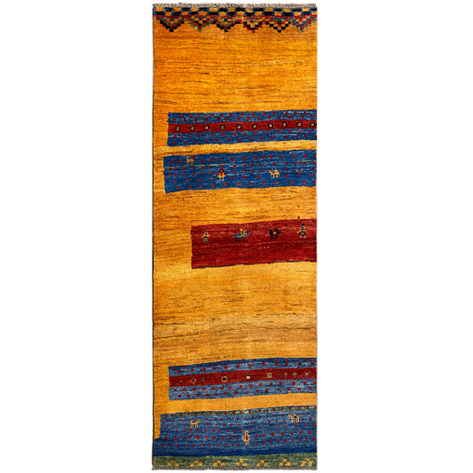 Gabbeh rug 220x77 cm with a golden-yellow background and blue stripes, multicolored motifs