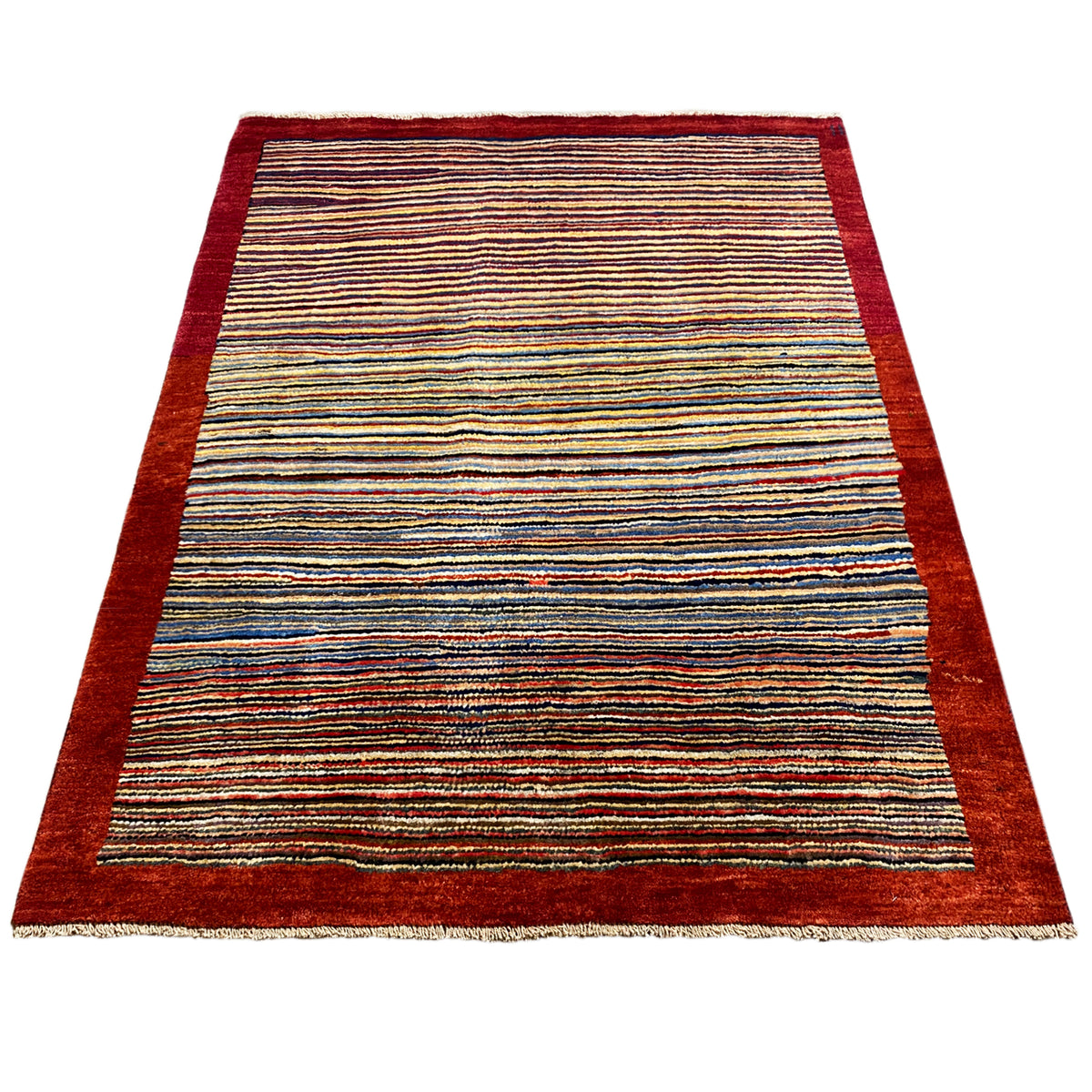 Rug with a striped pattern in blue, yellow, and red, with a dark red border