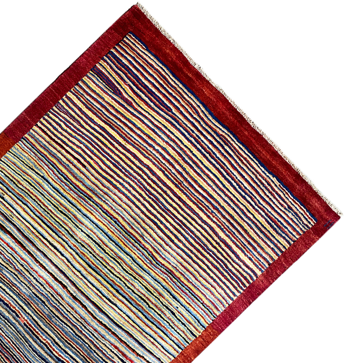 Carpet corner with a striped pattern and dark red edging, rectangular