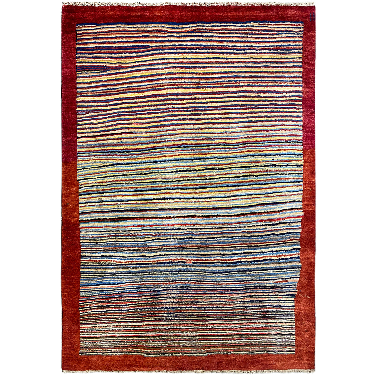 Gabbeh rug with multicolored stripes and a dark red border